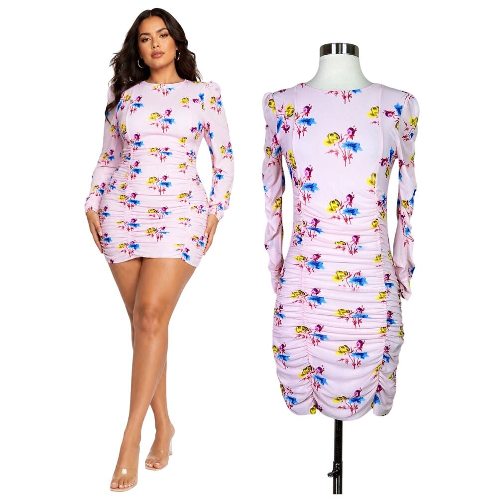 GANNI | Floral Print Baby Pink Ruched Fitted Mesh Long Sleeve Mini Dress 34